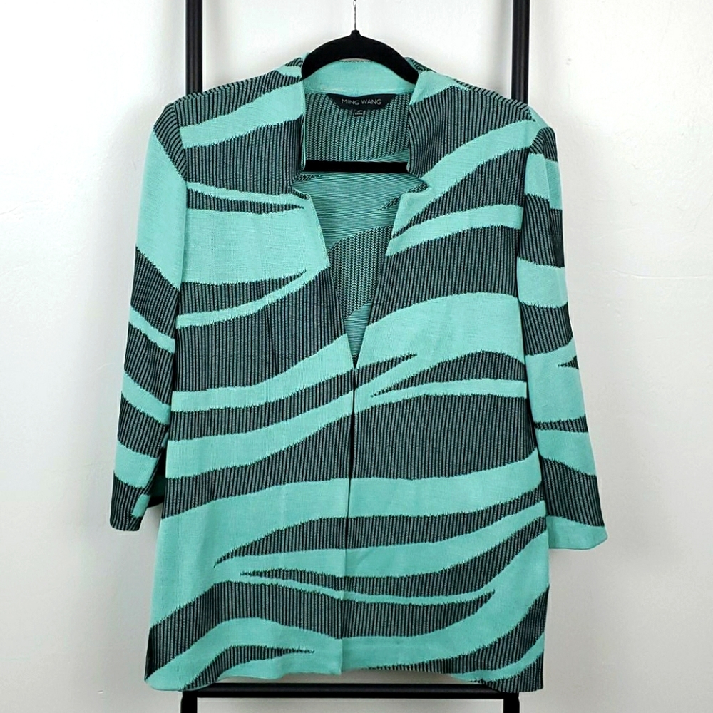 Ming Wang cardigan 3/4 sleeve green black sweater women size S